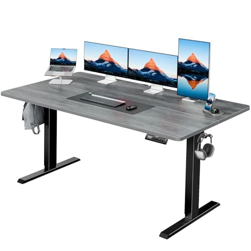 HUANUO 63" x 28" Electric Standing Desk Adjustable Height, 4 Memory Height Settings, Headphone Hook, Cable Manager, Sit Stand Up Desk for Home Office & Computer Workstation, Grey