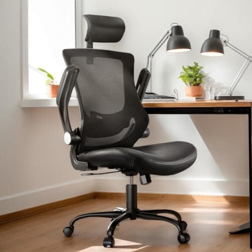 Marsail Office Chair Ergonomic-Desk Chair: Mesh Back Home Office Chair with Adjustable Lumbar Support, Desk Chair with Flip-up Armrests Swivel Home Office Task Chair(Bright Black)