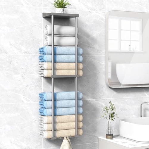 Liuoud Towel Rack Storage for Bathroom, Wall Mounted Vertical Rolled Towel Organizer Holder with Shelf, Holds Up 6 Large Bath Sheets, Silver Grey