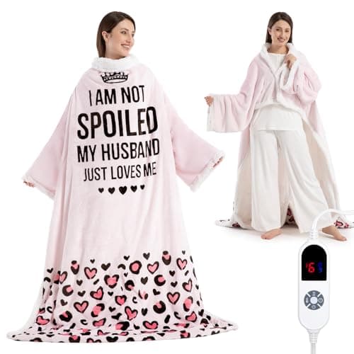 Wearable Heated Blanket for Women, Unique Christmas Birthday Gift for Wife, Electric Throw Blanket with Sleeves, Foot Pocket, Heated Robe for Mom, 3 Levels & Timer, ETL Safe, Spoiled Wife, Light Pink