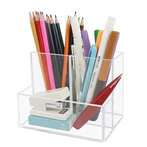 HSYMQ Desktop Clear Pen Holder with 3 Compartments, Acrylic Pencil Holders, Desk Organizers and Accessories