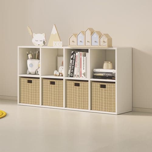 Wood Cube Storage Organizer Closet Cabinet for Living Room Bedroom Study Shelf Bookcase Wooden Floor Standing Open Bookshelf for Kids Home Office Display Storage Cabinet (White, 8-Cube, 11.81in)