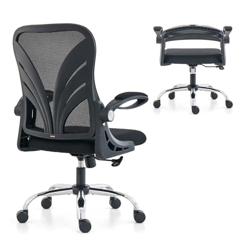 HOLLUDLE Ergonomic Office Chair with Foldable Backrest, Computer Desk Chair with Flip-up Armrests, Mesh Lumbar Support and Tilt Function Big and Tall Office Chair, Black