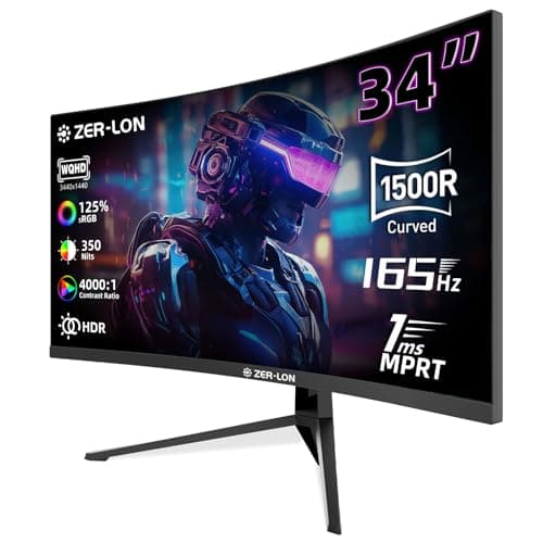 ZER-LON 34 inch Curved Gaming Monitor, 21:9 WQHD 3440×1440 165Hz Ultrawide Computer Monitors, 1500R 1ms(MPRT), 125% sRGB, 350nits, FreeSync, HDMI2.0 x2, DP1.4 x2, Wall Mountable/Tilt Adjustable Black