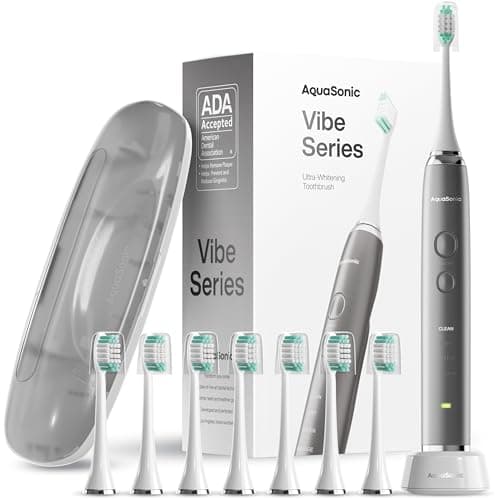 Aquasonic Vibe Series Ultra-Whitening Toothbrush – ADA Accepted Electric Toothbrush - 8 Brush Heads & Travel Case – 40,000 VPM Motor & Wireless Charging - 4 Modes w Smart Timer – Charcoal Metallic