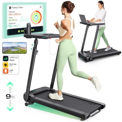 UREVO Smart Treadmill with Height Adjustable Desk Workstation, Compact Foldable Treadmill for Home Office, 9% Auto Incline with Follow Mode, 6 HIIT Programs, SmartCoach App, Water Bottle Holder