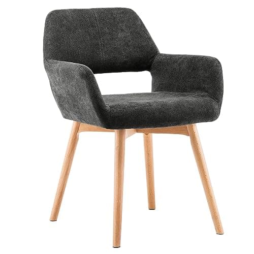 YEEFY Desk Chair No Wheels Vanity Chair Comfy Accent Chair for Living Dining Room Bedroom Home Office Mid Century Modern Upholstered Armchair with Wood Legs (Charcoal, 1)