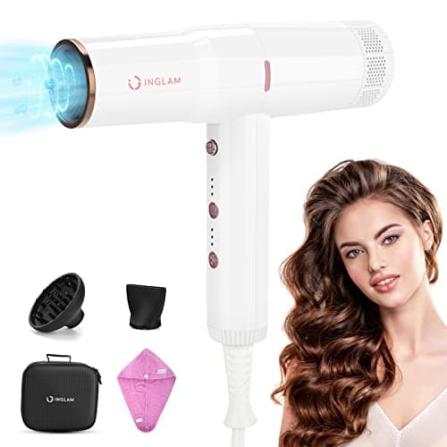 Hair Blow Dryer with Diffuser, IG INGLAM Professional High Speed Brushless Motor Negative Ion Low Noise Constant Temperature, 3 Heat Settings 3 Speeds and Cool Shot Brutton Powerful Ionic Hair Dryer