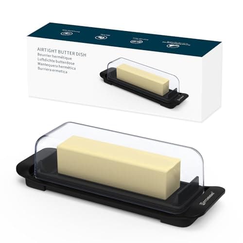 KITCHENDAO Airtight Butter Dish with Lid for Countertop and Refrigerator Door Shelf, Easy Scoop-Dishwasher Safe, Plastic Butter Holder Tray Container for West/East Coast Butter, Transparent Black