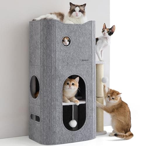 Bedsure 3-Level Indoor Cat Bed- Cat Condos Small Cat Tree for Multiple Kitties to Play Sleep,Hideaway Cave, Fluffy Ball, Scratching Post, 22.5x31.5x13, Grey