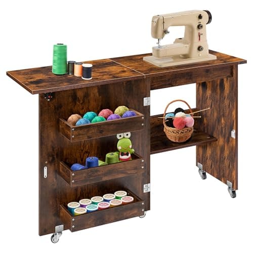 VIVOHOME Folding Sewing Craft Table, Rolling Sewing Machine Desk with Storage Shelves, Sewing Cabinet with Lift for Small Spaces, Rustic Brown