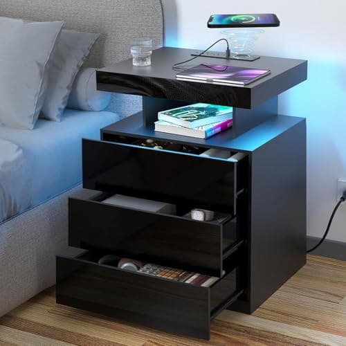 HOMMPA LED Nightstand with Wireless Charging Station & USB Ports, Modern Bedside Table, 3 Drawer Black Night Stand with Open Compartment, Smart Nightstand High Gloss Surface for Bedroom