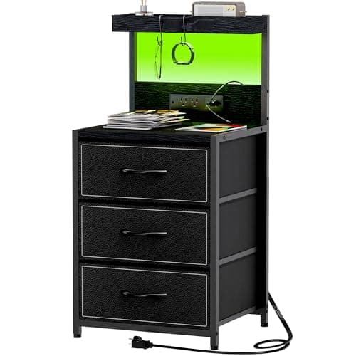 SZLHANJZ LED Nightstand with Charging Station, Night Stand with 3 Drawers and Lights, Storage Side Table with Shelf and Hooks, Tall End Table for Bedside, Bedroom, Modern Black