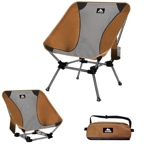 AnYoker Camping Chair, 2 Way Compact Backpacking Chair, Portable Folding Chair, Beach Chair with Side Pocket, Lightweight Hiking Chair Low Back Chair Mesh Backrest 0177WB-B (Coffee)