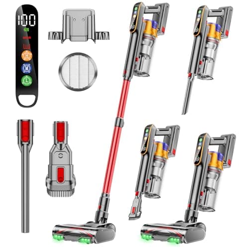 DIFFULL Cordless Vacuum Cleaner, 600W 50KPA 65Mins Vacuum Cleaners, Stick Vacuum with 1.8L Cup, 8-Stage Filter System, Anti-Tangle, Green Light for Pet Hair Carpet Hard Floor(Red)