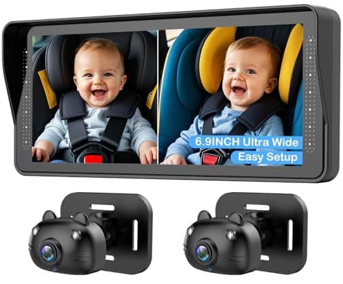 Dual Baby Car Camera for 2 Kids - 6.9'' Split Screen Ultrawide HD Display with Two Cameras, Easy Setup, Rotatable Night Vision Cameras, Ideal for Parents, Grandparents, Safe & Clear Viewing