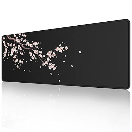 ETZ Japanese Plum Blossoms Black Mouse Pad (31.5 × 11.8 × 0.12 inch) Extended Large Mouse Mat Desk Pad, Stitched Edges Mousepad,Non-Slip Rubber Base,Gaming Mouse Pad XL.