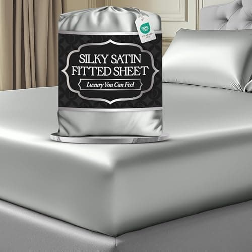 DECOLURE Satin Fitted Sheet Full Size (1 PC) – Luxuriously Smooth & Softer Than Silk Bed Sheets w/ 15 Inch Deep Pocket Hypoallergenic Wrinkle Free, Secure Snug Fit, Elastic Corner Straps (Grey)