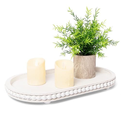 HPC Decor 15in Oval Wooden Tray - White Beaded Serving Tray, Rustic Farmhouse Vintage Centerpiece, Kitchen & Living Room Decor