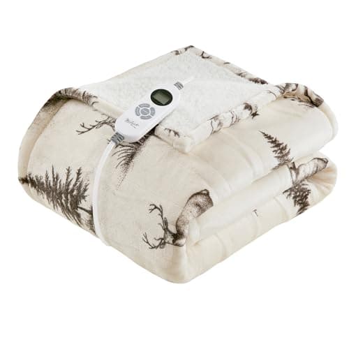 Woolrich Heated Throw Blanket with Ultra Soft Plush and Sherpa Reverse, 12 Heat Settings, Auto Shut-Off, Farmhouse & English Country Gift Throw – Deer Toile Pattern, 50"x60"