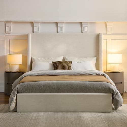 NTYUNRR Queen Size Upholstered Platform Bed Frame, 54" High Headboard Carmen Wingback Bed, Fully Upholstered Mattress Foundation, No Box Spring Needed No Noise, Minimalist, Textured Ivory