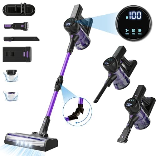Portable Cordless Vacuum Cleaner: Lightweigt Stick Vacuum with Rechargeable Battery 6-in-1 Powerful Vacuum Cleaner for Home with LED Screen Upgraded Floor Brush for Hardwood Floor Carpets Pet Hair