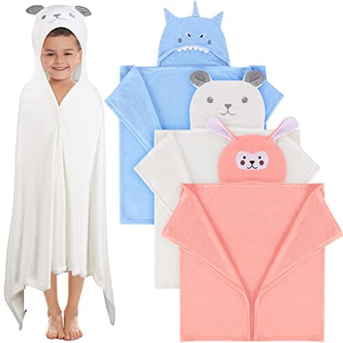 Moukeren 3 Pcs Hooded Towel for Kids 27.5 x 50 Inch Large Toddler Baby Bath Towel Coral Fleece Soft Absorbent Kids Shower Blanket for 3-10(White, Pink, Light Blue,Bear, Rabbit, Beluga Whale)