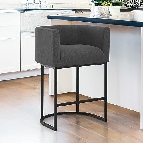 LUE BONA 27" H Counter Height Bar Stools, Modern Barrel Counter Stools with Backrest and Arms, Black Metal Frames, Linen Fabric Upholstered Accent Barstools for Kitchen Island, Carbon Gray