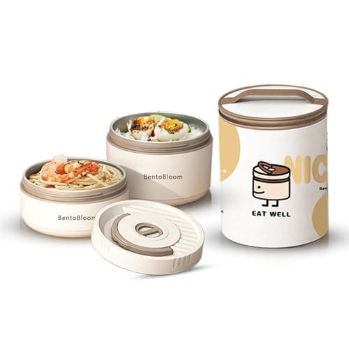 BentoBloom Bento Box Adult — Round Stackable Lunch Box for Women (450ml & 600ml) with Insulated Carry Bag | 304 Stainless Steel Removable Inserts | Microwave & Dishwasher Safe, White