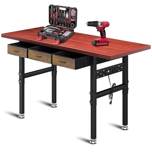 Work Bench, 60" Heavy Duty Workbench, Adjustable Height Work Table with Drawers & Power Strip, 2000LB Capacity, Solid Rubber Wood Garage Workbench, Wood Working Bench, Workshop Desk