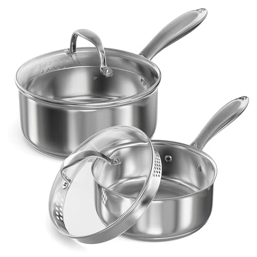Stainless Steel Saucepan Set with Strainer Glass Lid, 1-Quart and 2-Quart Tri-Ply Capsule Bottom Sauce Pan/Pot, Two Pour Spout, Dishwasher and Oven Safe
