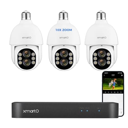 XMARTO 3-Combo Light Bulb Wireless Security Camera with Recorder and Storage, Dual-Lens 10X Zoom, AI Auto Tracking Pan/Tilt/Zoom, 24/7 Auto-Following Surveillance, E27 Socket (4K 10CH 3-Camera Set)