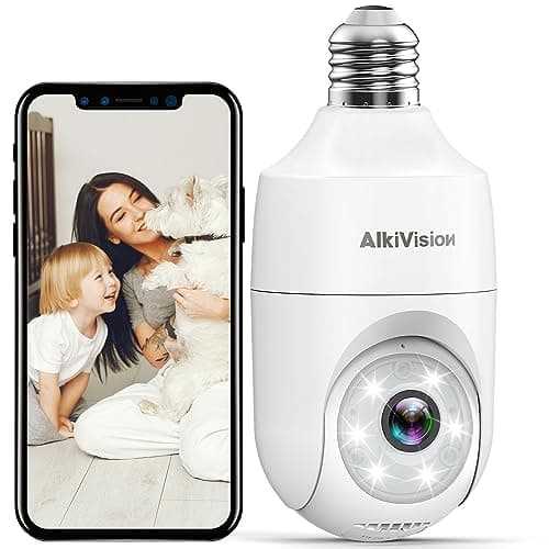 Alkivision 2K Light Bulb Security Cameras Wireless Outdoor - 2.4G Hz 360° Motion Detection Cameras for Home Security Outside Indoor, Full-Color Night Vision, Auto Tracking, Siren Alarm, 24/7 Recording