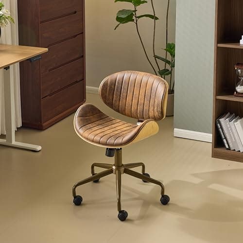 VINGLI Wide Comfotable Swivel Home Office Chair with Wood-Grain Curved Shell,Ergomomic Mid-Back Padded Armless Modern Desk Chair with Wheels,Height Adjustable for Computer,Task,Work,Microfiber,Rustic