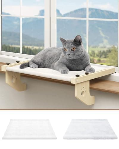 Wusdayer Cat Window Perch,Cat Window Hammock for Indoor Cats,Sturdy,Easy to Adjust Assemble,Cat Window Seat with Cushion Bed Cover,Large Cat Bed for Windowsill Bedside Drawer (White, L-22''x15'')