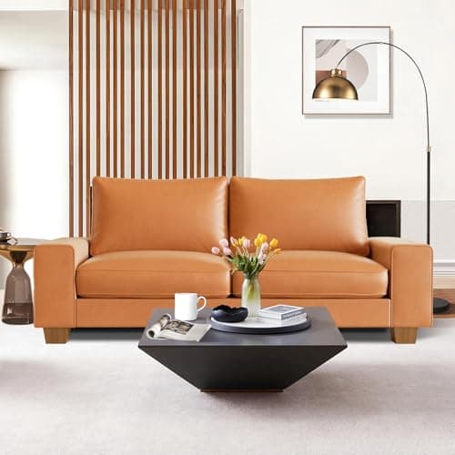 Valthie Faux Leather Couch, Mid Century Modern Comfy Loveseat Sofa with Wide Arm, Side Pockets, Solid Wooden Frame for Office, Living Room and Bedroom, 2 Seater (Brown, 71.25 Inches)