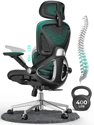 CAPOT Ergonomic Mesh Office Chair, Adjustable Lumbar High Back Desk Chair 400lbs, 4D Flip-up Arms, 3-Level Tilt Backrest, 3D Headrest, PU Wheels, Swivel Rolling Computer Seating for Long Desk Work