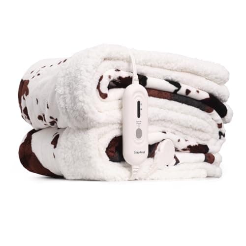 Cow Print Electric Blanket Heated Throw Blanket with 3 Heat Settings & 4-Hour Auto Shutoff, Fast Heating, Soft Flannel & Sherpa Fleece, Machine Washable, 50 x 60 Inches (Beige Cow Stripes, Throw)