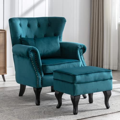Janoray Mid Century Modern Accent Chair Upholstered Armchair Comfy Velvet Tufted Wingback Single Sofa with Ottoman for Bedroom Living Room, Teal