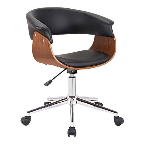 Armen Living Bellevue Mid-Century Office Chair in Chrome Finish with Black Faux Leather and Walnut Veneer