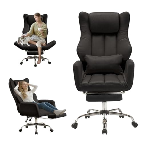 Ergonomic Cross Legged Office Chair with Footrest,Big and Tall Leather Executive Chair with Reversible Armrest,Lumbar Pillow and Wheels,135° Reclining Computer Wide Desk Chair for Home,Office (Black)