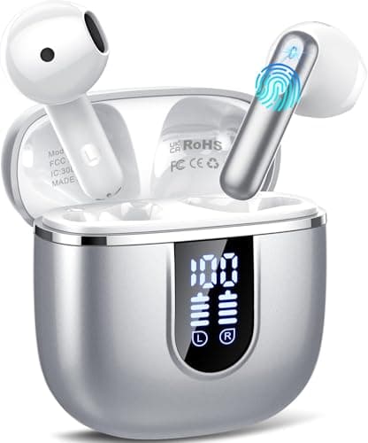 Wireless Earbuds, Bluetooth 5.4 Headphones with 3D Bass Stereo, Bluetooth Earbuds with 4 ENC Noise Cancelling Mic, 40H Ultralight In-Ear Buds USB-C, IP7 Waterproof Earphones for Android iOS, Silver