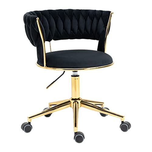 NIOIIKIT Velvet Office Desk Chair with Hand Woven Backrest, 360° Swivel & Height Adjustable Task Chairs, Makeup Chair, Living Room Chairs with Stainless Base and 5 Wheels (Black)