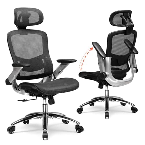 COMHOMA Big and Tall Ergonomic Mesh Office Chair, High Back Home Desk Chair Computer Gaming Chair with Headrest, Flip-Up Arms, 90-125° Tilt Lock and Wide Cushion, Task Chair for Man Woman- Black