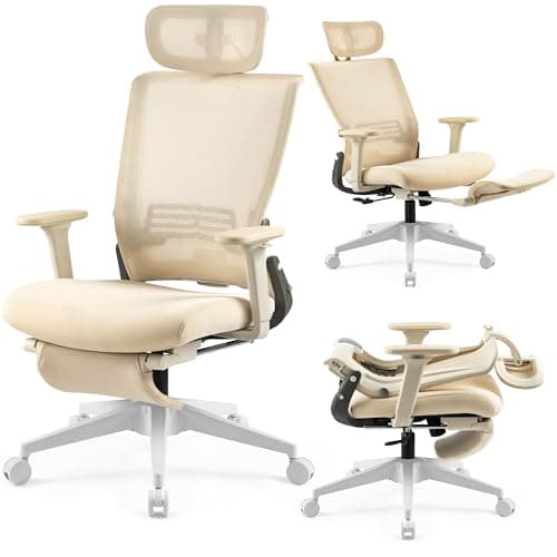 Foldable Office Chair with Foot Rest, Ergonomic Office Chair with Adjustable Lumbar Support, Headrest, Armrest, Home Office Desk Chair for Space Saving, Work from Home, Cream