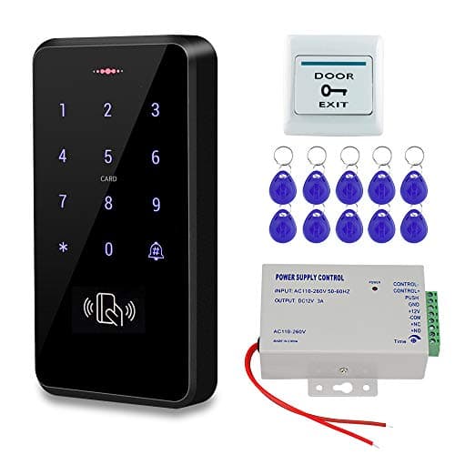 HFeng Outdoor Door Access Control System Kit IP68 Waterproof RFID Keypad Card Reader + Power Supply + Door Exit Button +10pcs Keyfobs (Without Lock)