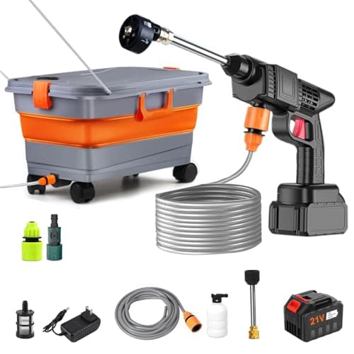 Cordless Pressure Washer with 5.5 Gal Collapsible Bucket, 300PSI Portable Electric Powered Washer, 6-in-1 Nozzle Car Battery Powered Pressure Washer Handheld for Car/Fence/Garden/Floor/Yards Cleaning
