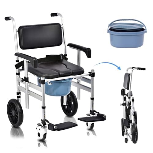 Shower Chair with Wheels 4 in 1 Folding Padded Bedside Commode Wheelchair Height Adjustable Detachable Bucket with Wheels Lifting Armrests Flip-up Footrest for Elderly Disabled (Black)