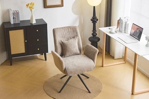 VINGLI Khaki Swivel Office Chair with Back & Lumbar Pillow,Padded Arms,No Wheels,Comfy Modern Desk,Sewing,Dining,Vanity,Computer Task Chair for Home,Makeup,Nail Tech,Bedroom,Living Room,Chenille