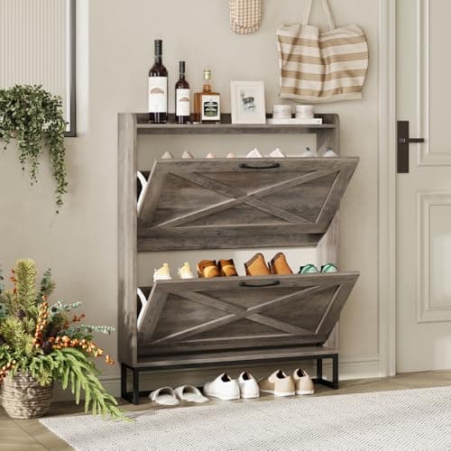 Maupvit Narrow Shoe Cabinet with 2 Flip Drawers,Shoe Storage Cabinet for Entryway, Hidden Shoe Storage Slim Storage Cabinet with Metal Legs, Farmhouse Free Standing Shoe Rack Cabinet